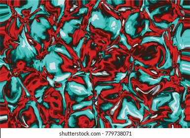 Turquoise and red digital glossy background. Liquid surface backdrop. Glitter suminagashi vector for web design or festival invitation. Fluid color pattern. Traditional Turkish ebru technique