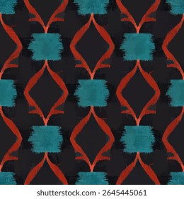 Turquoise and red pattern on a black fabric with an abstract, grunge lines ikat pattern, ikat seamless pattern, Vector illustration background for print the paper.