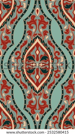 Turquoise and red pattern with ornamental flowers. Traditional damask background. Design for wallpaper, textile, carpet and any surface.