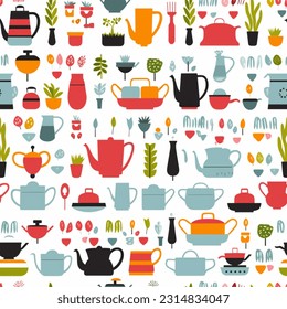 Turquoise Red Sap Green Black and White Kitchen Gadgets: Abstract Scandinavian Design Seamless Pattern
