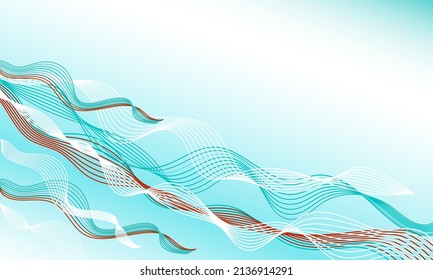 Olas rayadas turquesa, rojas y blancas en un ángulo sobre un fondo degradado. Ilustración vectorial. Fondo abstracto ondulado claro.