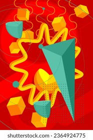 Turquoise, red and yellow geometric elements poster. Minimal geometrical graphic template. Vintage retro theme shapes for banner, cover.