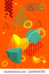 Turquoise, red and yellow geometric elements poster. Minimal geometrical graphic template. Vintage retro theme shapes for banner, cover.