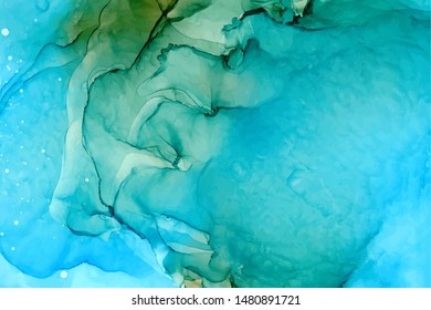 Turquoise resin art vector background. Flowing alcohol ink abstract texture. Light blue colored texture. Ethereal watercolor wallpaper. Marble, paint mixing backdrop. Wash drawing, aquarelle effect