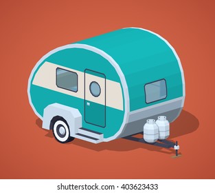 Turquoise retro camper against the red background. 3D lowpoly isometric vector illustration