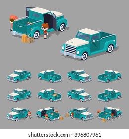 Turquoise retro pickup. 3D lowpoly isometric vector illustration. The set of objects isolated against the grey background and shown from different sides