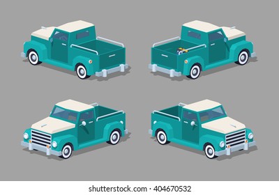 Turquoise retro pickup. 3D lowpoly isometric vector illustration. The set of objects isolated against the grey background and shown from different sides