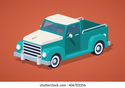 Turquoise retro pickup against the red background. 3D lowpoly isometric vector illustration