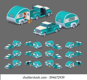 Turquoise retro pickup with RV camper. 3D lowpoly isometric vector illustration. The set of objects isolated against the grey background and shown from different sides