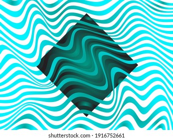 Turquoise rhombus frame, teal blue halftone waves on white abstract vector banner. Curve bent stripes. Frame border for text. Halftone wavy background. Modern poster business template.