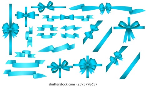 Turquoise ribbons set. Gift decorations. Present wrapping elements. Festive accessories. Multicolored bows. Package decorations. Event supplies. Decorative elements. Vector illustration.