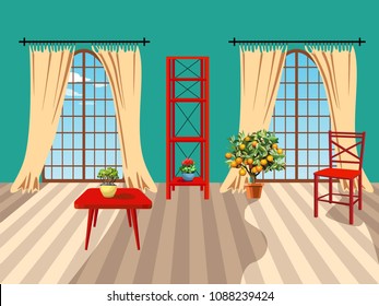 Turquoise room with large windows and blue sky. Modern interior design. Red furniture. Orange tree and potted plants. Vector illustration.

