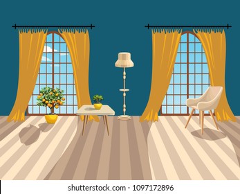 Turquoise room with large windows and blue sky. Modern interior design. White furniture. Orange tree and potted plants. Vector illustration.
