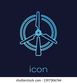 Turquoise Rotating wind turbine line icon isolated on blue background. Wind generator sign. Windmill silhouette. Windmill for electric power production. Vector Illustration
