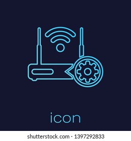 Turquoise Router and wi-fi signal and gear line icon isolated on blue background. Adjusting app, service concept, setting options, maintenance, repair, fixing. Vector Illustration