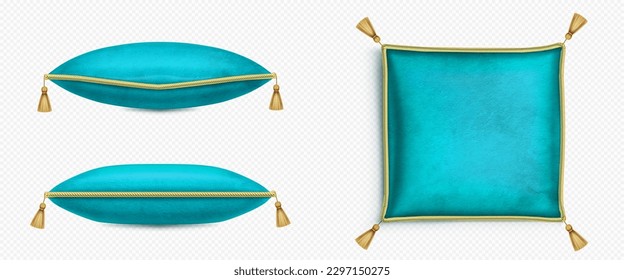 Turquoise royal cushion with gold tassel for crown. Isolated 3d velvet square pillow for jewelry on transparent background in top and side view. Vintage realistic soft decoration for monarch wedding