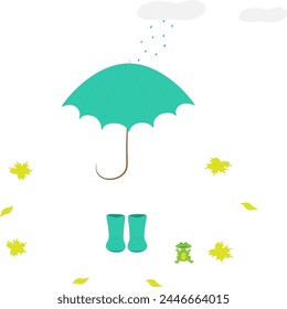 Turquoise rubber boots, turquoise umbrella, rain, clouds, falling leaves, green frog. Wallpaper, background, printing on paper or textiles.