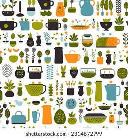 Turquoise Sap Green Orange Grey and Black Kitchen Tools:  Abstract Scandinavian Design Seamless Pattern
