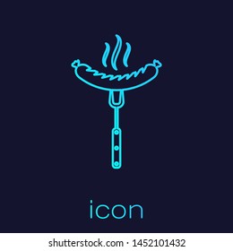 Turquoise Sausage on the fork with steam line icon isolated on blue background. Grilled sausage and aroma sign. Vector Illustration