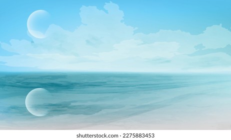 Turquoise sea background. Nature landscape, vector art. Watercolor textured illustration. 