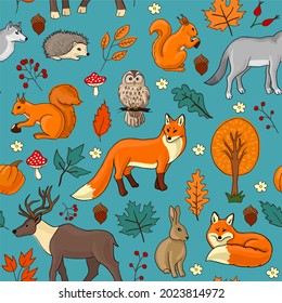 turquoise seamless pattern animals in autumn forest