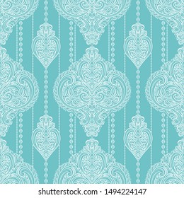 Turquoise seamless pattern with lace floral ornament. Traditional Turkish, Indian motifs. Great for fabric and textile, wallpaper, packaging or any desired idea.