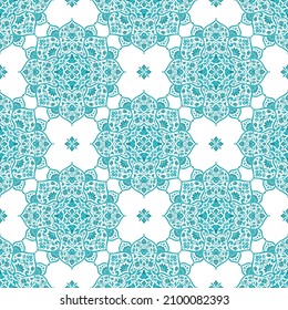 Patrón turquesa sin fisuras con adorno de mandala. Motivos tradicionales árabes e indios. Ideal para tejidos y textiles, papel pintado, embalaje o cualquier idea deseada.