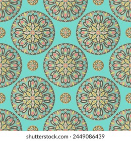 Turquoise seamless pattern with mandala ornament. Traditional Arabic, Indian motifs. Great for fabric and textile, wallpaper, packaging or any desired idea.