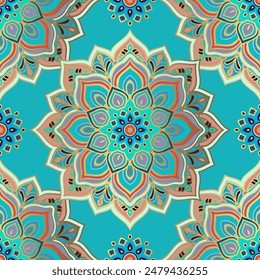 Turquoise seamless pattern with mandala ornament. Traditional Arabic, Indian motifs. Great for fabric and textile, wallpaper, packaging or any desired idea.