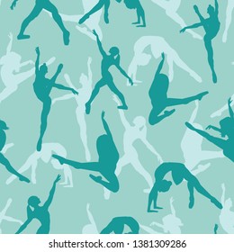 Turquoise seamless vector background with elements of dancing ballerinas. Perfect for fabric, gift wrap, invitations, dance studios, home decor, quilting, scrapbooking, wall paper and projects.