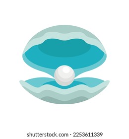 Turquoise seashell with pearl inside vector illustration. Open clam or scallop with beautiful pearl isolated on white background. Nature, summer, sea life concept