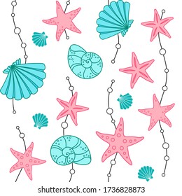 Turquoise seashells, pink starfish and black waves with beads on a white background. Vector seamless pattern for wallpaper, wrapping paper, packaging, printing on fabric, textile, clothes and bags