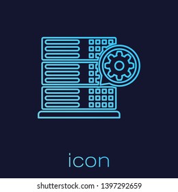 Turquoise Server and gear line icon isolated on blue background. Adjusting app, service concept, setting options, maintenance, repair, fixing. Vector Illustration