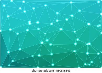 Turquoise shades abstract low poly geometric background with white triangle mesh and defocused lights.