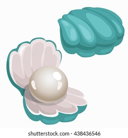 Turquoise shell with pearl isolated on white background. Precious stones of natural origin. Vector cartoon close-up illustration.