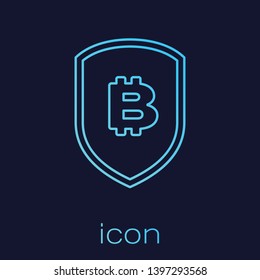 Turquoise Shield with bitcoin line icon isolated on blue background. Cryptocurrency mining, blockchain technology, bitcoin, security, protect, digital money. Vector Illustration