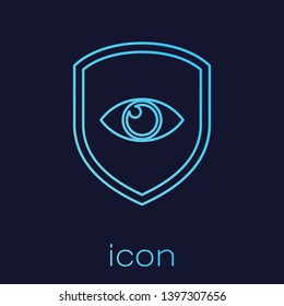Turquoise Shield and eye line icon isolated on blue background. Security, safety, protection, privacy concept. Vector Illustration