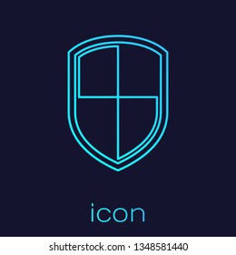 Turquoise Shield line icon isolated on blue background. Guard sign. Vector Illustration