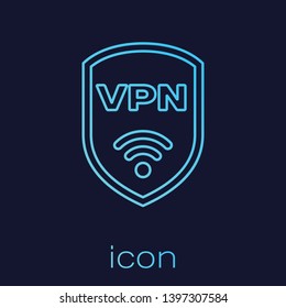 Turquoise Shield with VPN and wifi wireless internet network symbol line icon isolated on blue background. VPN protect safety concept. Vector Illustration