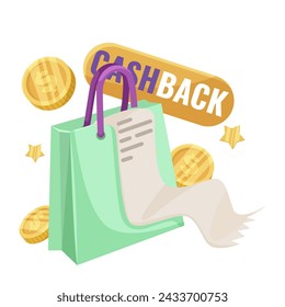 Türkisfarbene Einkaufstasche mit Entwicklungsquittung, Goldmünzen, Bargeld zurück. Cashback-Konzept. Vektorgrafik
