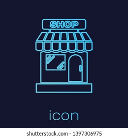 Turquoise Shopping building or market store line icon isolated on blue background. Shop construction. Vector Illustration