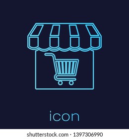 Turquoise Shopping building or market store with shopping cart line icon isolated on blue background. Shop construction. Supermarket basket symbol. Vector Illustration