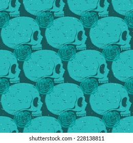 Turquoise side-face human skull grunge seamless pattern, vector background
