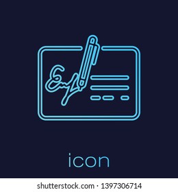Turquoise Signed document line icon isolated on blue background. Pen signing a contract with signature. Edit document sign. Vector Illustration