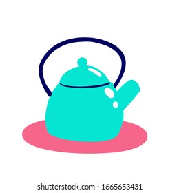 A turquoise simple teapot on a pink stand. Hand-drawn illustration in bright doodle style for design. Elements isolated on white background.