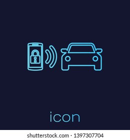 Turquoise Smart car alarm system line icon isolated on blue background. The smartphone controls the car security on the wireless. Vector Illustration