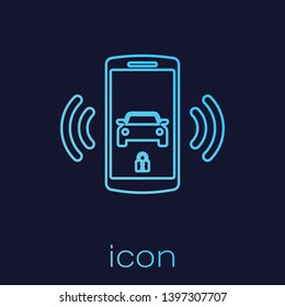 Turquoise Smart car alarm system line icon isolated on blue background. The smartphone controls the car security on the wireless. Vector Illustration