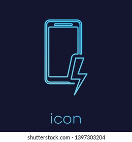 Turquoise Smartphone charging battery line icon isolated on blue background. Phone with a low battery charge. Vector Illustration