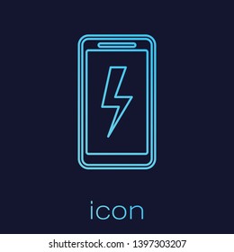 Turquoise Smartphone charging battery line icon isolated on blue background. Phone with a low battery charge. Vector Illustration