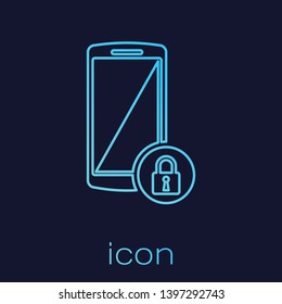 Turquoise Smartphone with closed padlock line icon isolated on blue background. Phone with lock. Mobile security, safety, protection concept. Vector Illustration